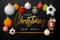 Sport christmas sale banner. Christmas card with sport baseball, basketball, football, tennis balls hang on a thread on black Royalty Free Stock Photo