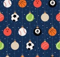 Sport Christmas seamless pattern. Christmas pattern with sport baseball, basketball, football, tennis, cricket, soccer, volleyball Royalty Free Stock Photo