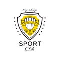 Sport club logo design, heraldic shield with winner cup, badge can be used for fitness club, sport school vector