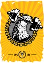 Sport club vintage poster with dumbell. Retro gym emblem with animal paw. Vector style t-shirt print.