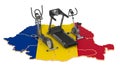 Sport clubs in Romania. Fitness, exercise equipments on Romanian map. 3D rendering