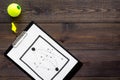 Sport coach concept. Pad with tactic plan of the match near whistle and tennis ball on wooden background top view copy Royalty Free Stock Photo