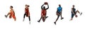 Sport collage. Basketball players in motion isolated on white studio background. Royalty Free Stock Photo