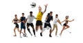 Sport collage. Fitness, basketball, running, soccer football, voleyball, boxing, running, golf - men and women in motion Royalty Free Stock Photo