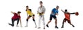 Sport collage. Golf, fitness, volleyball, taekwondo, running, basketball players in motion isolated on white studio Royalty Free Stock Photo