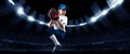 Sport collage with little boy, beginner baseball player with baseball glove and ball in action during match in crowded Royalty Free Stock Photo