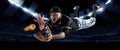 Sport collage with professional baseball player with baseball glove and ball in action during match in crowded sport Royalty Free Stock Photo