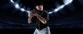 Sport collage with professional baseball player with baseball glove and ball in action during match in crowded sport Royalty Free Stock Photo