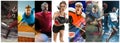 Sport collage about soccer, american football, badminton, tennis, boxing, ice and field hockey, table tennis Royalty Free Stock Photo