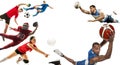 Sport collage about soccer, american football, basketball, volleyball, rugby, handball Royalty Free Stock Photo