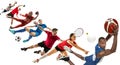 Sport collage about soccer, american football, basketball, volleyball, tennis, rugby, handball Royalty Free Stock Photo