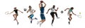 Sport collage. Tennis, basketball, soccer football players in motion isolated on white studio background. Royalty Free Stock Photo