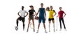 Sport collage. Tennis, fitness, soccer football, boxing, golf, hockey players posing isolated on white studio background Royalty Free Stock Photo