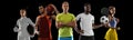 Sport collage. Tennis, soccer football, basketball, fencing players posing isolated on black studio background. Royalty Free Stock Photo