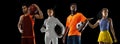 Sport collage. Tennis, soccer football, basketball, fencing players posing isolated on black studio background. Royalty Free Stock Photo