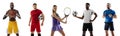 Sport collage. Tennis, soccer football, basketball, fitness players posing isolated on white studio background. Fit Royalty Free Stock Photo