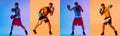 Sport collage. Young man, professional boxer in action training isolated over yellow purple studio background in neon Royalty Free Stock Photo