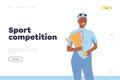 Sport competition landing page template with happy smiling woman athlete swimmer holding trophy