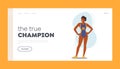 Sport Competition Winner Rewarding Concept for Landing Page Template. Woman Swimmer Character Wear Swim Suit