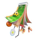 Different sports fields on a piece of ground with sport equipment. 3d illustration