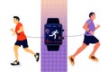 Sport concept with fitness tracker and running mans. Mans running with smart watch.