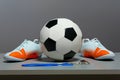 Sport concept - shoes, soccer ball and whistle. Royalty Free Stock Photo