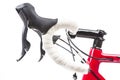 Sport Cycling Concepts. Road Bike Handlebars with White Tape Placed With Wheel Against White Background