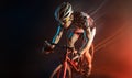 Sport. Cyclist carry a bike on dramatic background. Royalty Free Stock Photo