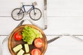 Sport and diet concept - bicycle model, fresh vegetables and ce Royalty Free Stock Photo