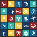 Sport disciplines set on color squares flat background Royalty Free Stock Photo