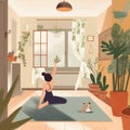 woman dog training exercise lifestyle yoga cartoon body sport home fitness. Generative AI. Royalty Free Stock Photo