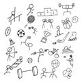 Sport Doodle art icon set. Thin line icon for Sea game and Olympic game. Hand drawn graphic design art. Exercise and Competition Royalty Free Stock Photo