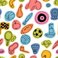 Sport doodle hand drawn seamless pattern. Sport equipments. Fitness, healthy lifestyle