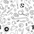 Sport doodle hand drawn seamless pattern. Sport equipments. Fitness, healthy lifestyle