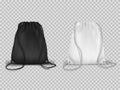 Sport drawstring backpacks realistic set. Cinch tote bags black and white. Royalty Free Stock Photo