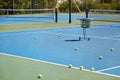 Sport, empty or tennis balls on court for training, outdoor exercise or competitive match in summer. Workout, background Royalty Free Stock Photo