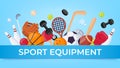 Sport equipment banner. Ball games and fitness items for rugby, badminton, soccer and basketball. Cartoon sports