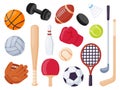 Sport equipment. Cartoon balls and gaming item for hockey, rugby, baseball and tennis racket. Bowling, boxing and golf Royalty Free Stock Photo