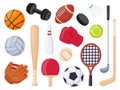 Sport equipment. Cartoon balls and gaming item for hockey, rugby, baseball and tennis racket. Bowling, boxing and golf flat icons