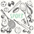 Sport equipment doodle set drawn vector sketch