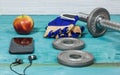 Sport Equipment. Dumbbells, Free Weights, Sport Gloves, Phone With Earphones