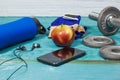 Sport Equipment. Dumbbells, Free Weights, Sport Gloves, Phone With Earphones