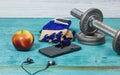 Sport Equipment. Dumbbells, Free Weights, Sport Gloves, Phone With Earphones