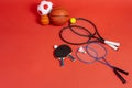 Sport equipment flat lay. Variety of rackets and balls Royalty Free Stock Photo