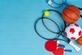 Sport equipment flat lay. Variety of rackets and balls Royalty Free Stock Photo