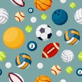 Sport equipment flat vector colorful seamless pattern