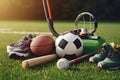 Sport equipment on green grass. Football, soccer, basketball, tennis, tennis, baseball, rugby, football. Sports Equipment on a Royalty Free Stock Photo