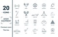 Sport Equipment icon set. Include creative elements dumbbells, soccer ball, baseball, hockey, exercise bike icons. Can be used for