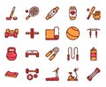 Sport equipment linear color vector icons set