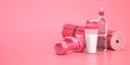 Sport equipment, mat, dumbells and protein shaker for fitness and gym on pink background.